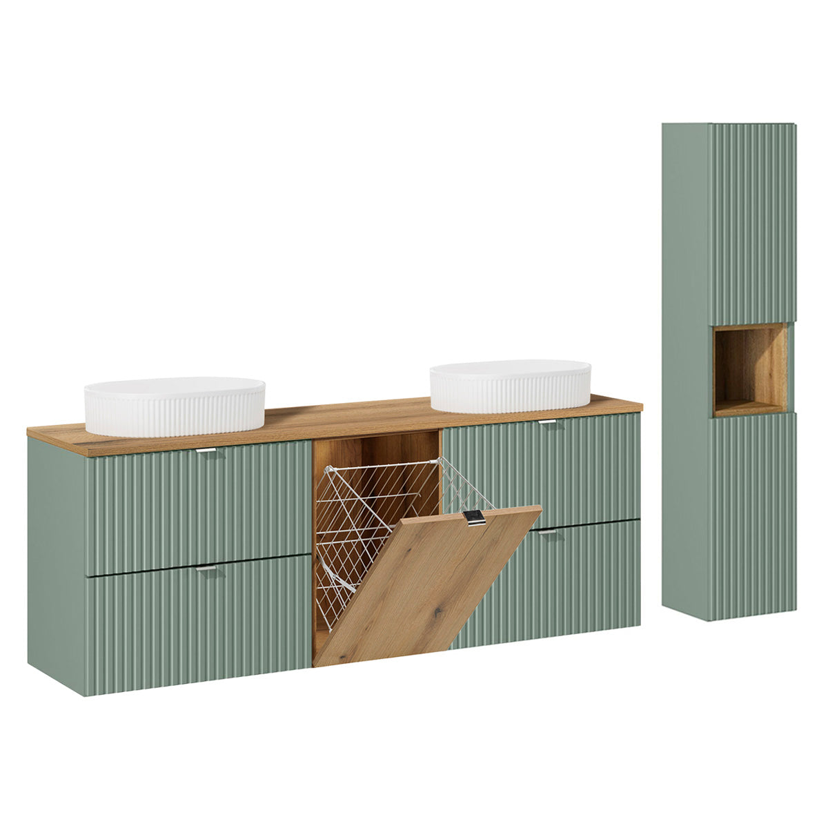 Ensemble meuble double vasque 160cm panier à linge et colonne Jade Vert et Bois - Vasques ovales - vue 2