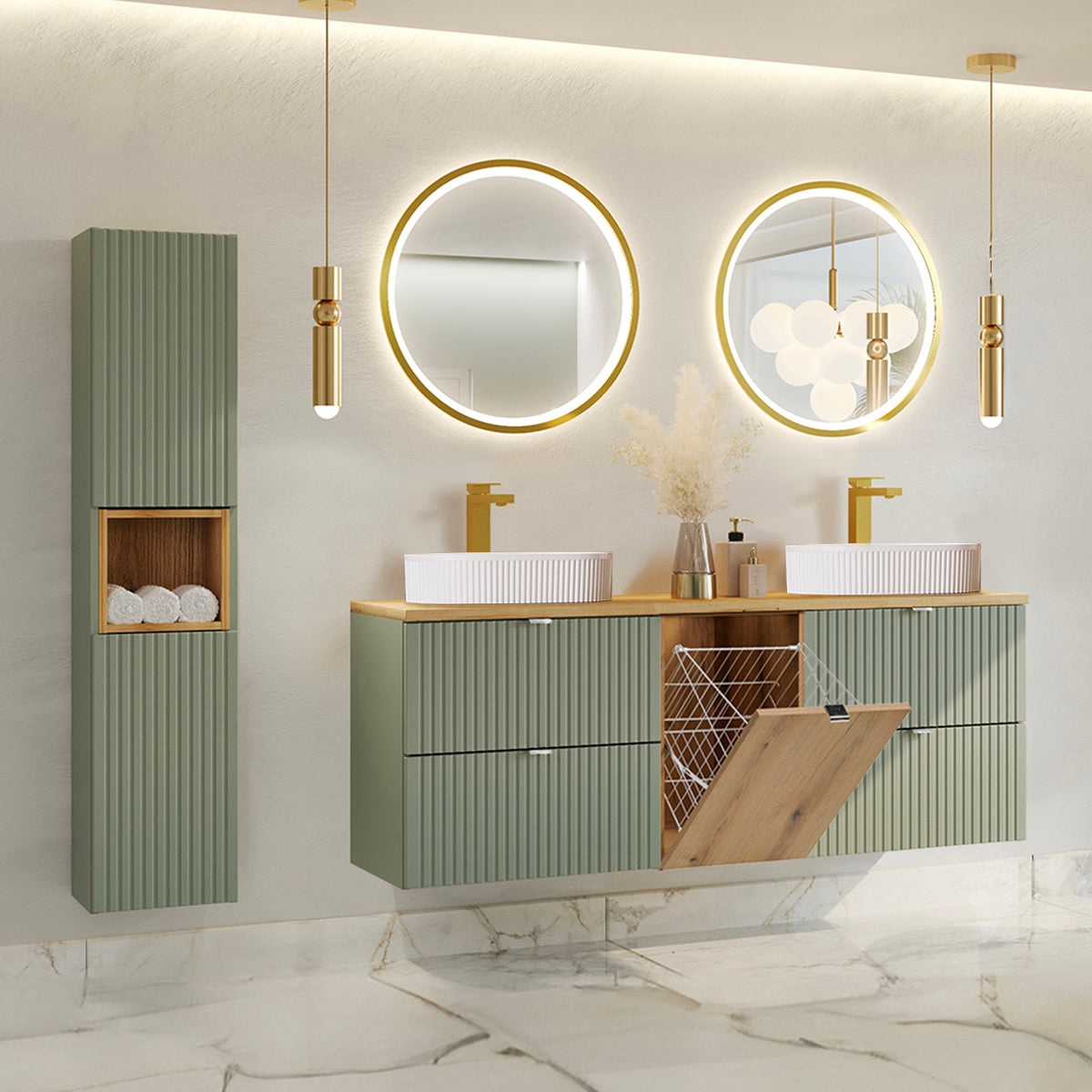Ensemble meuble double vasque 160cm panier à linge et colonne Jade Vert et Bois - Vasques ovales