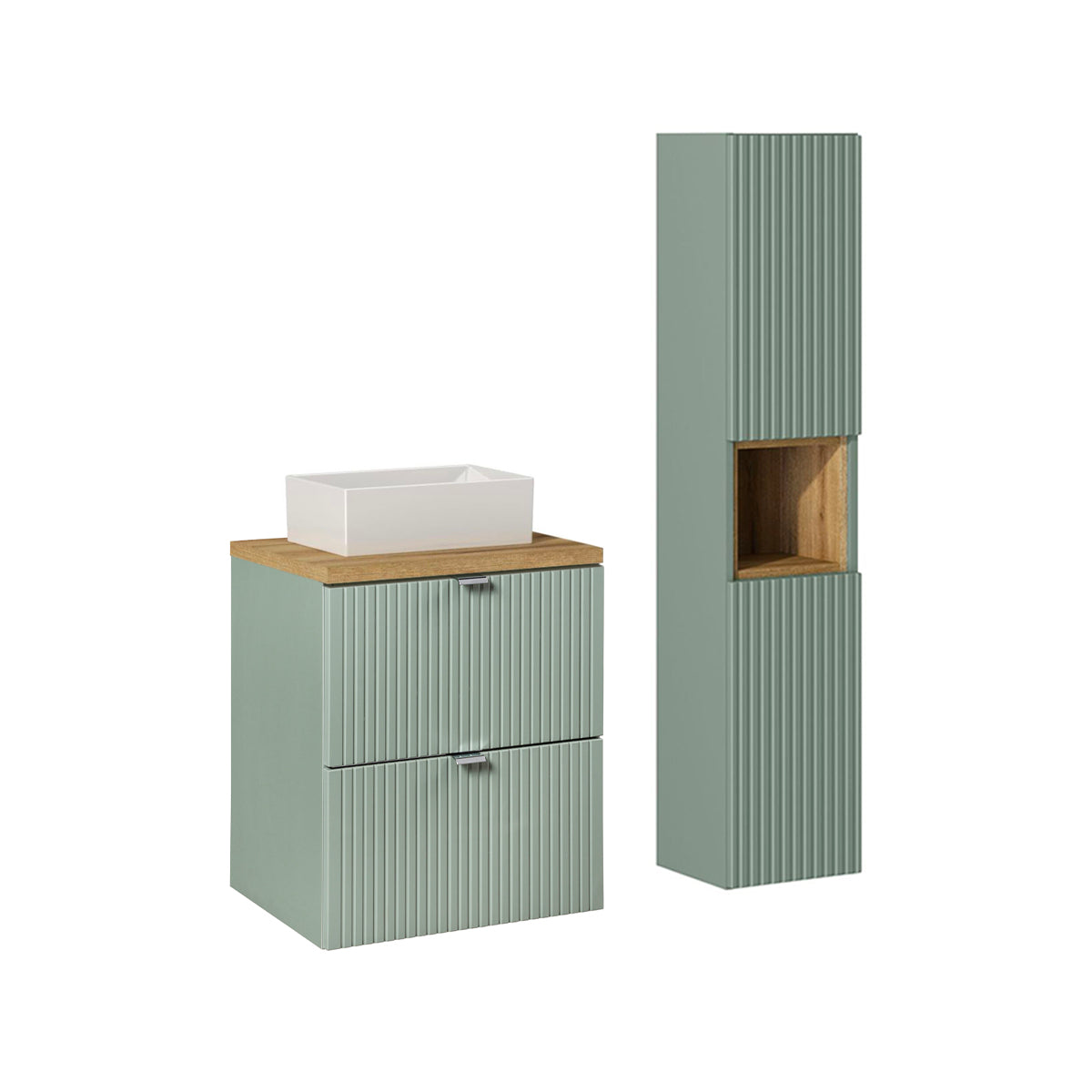 Ensemble meuble simple vasque 50cm 2 tiroirs et colonne Jade Vert et Bois - vue 2