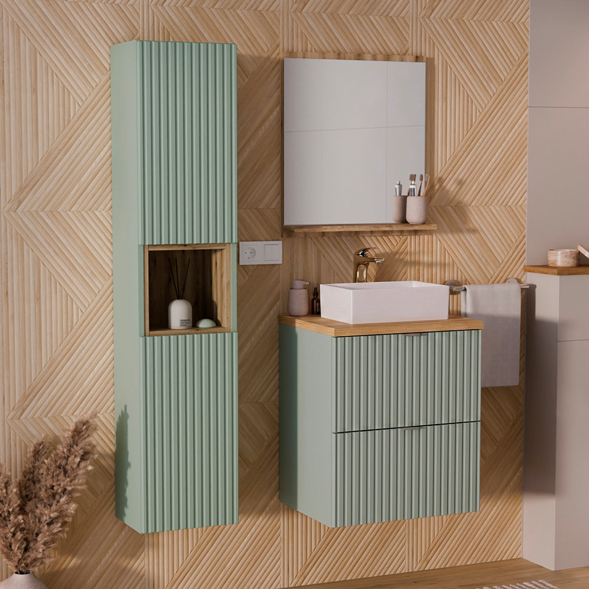 Ensemble meuble simple vasque 50cm 2 tiroirs et colonne Jade Vert et Bois