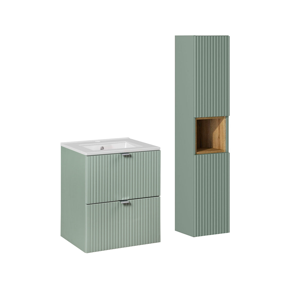 Ensemble meuble simple vasque encastrée 50cm 2 tiroirs et colonne Jade Vert et Bois - vue 2