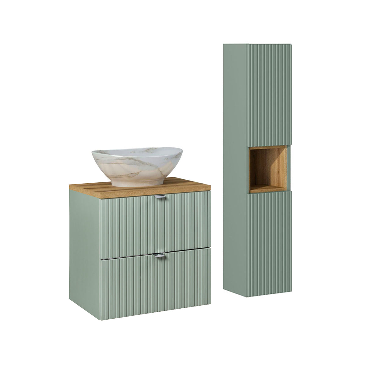 Ensemble meuble simple vasque 60cm 2 tiroirs et colonne Jade Vert et Bois - vue 2