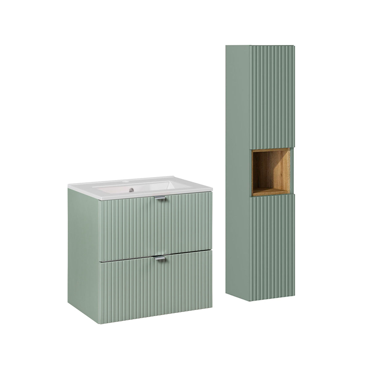 Ensemble meuble simple vasque encastrée 60cm 2 tiroirs et colonne Jade Vert et Bois - vue 2
