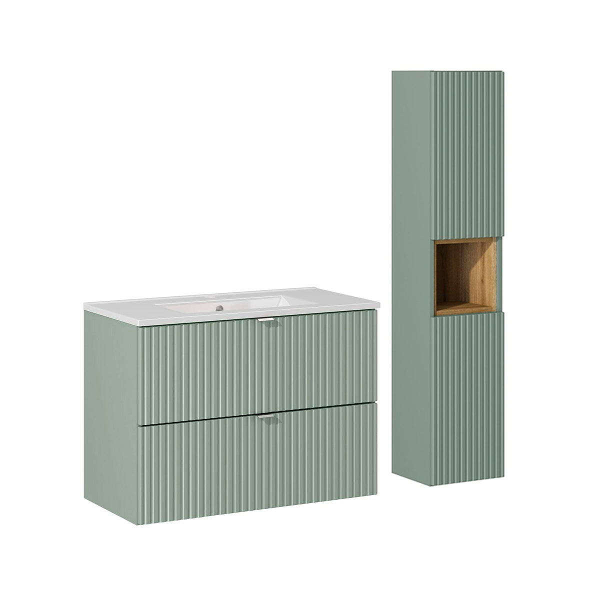 Ensemble meuble simple vasque encastrée 80cm 2 tiroirs et colonne Jade Vert et Bois - vue 2