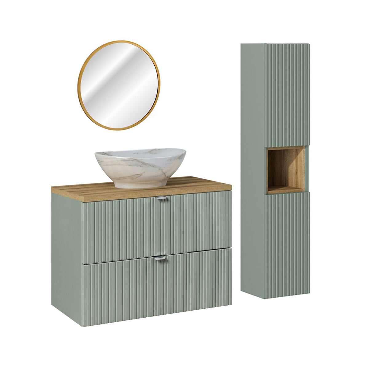 Ensemble meuble simple vasque 80cm 2 tiroirs miroir LED et colonne Jade Vert et Bois - vue 2
