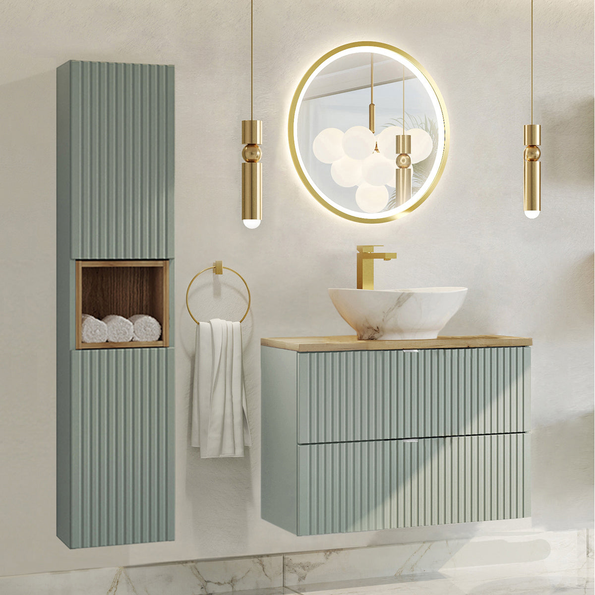 Ensemble meuble simple vasque 80cm 2 tiroirs miroir LED et colonne Jade Vert et Bois