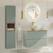 Ensemble meuble simple vasque 80cm 2 tiroirs miroir LED et colonne Jade Vert et Bois