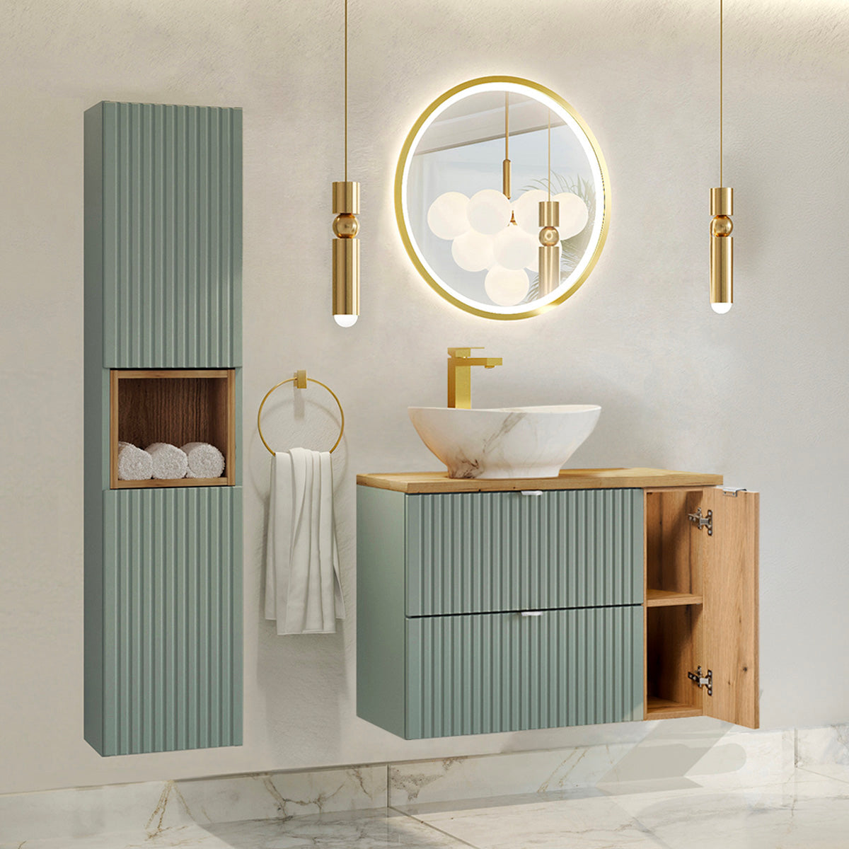 Ensemble meuble simple vasque 80cm et colonne Jade Vert et Bois - vue 7