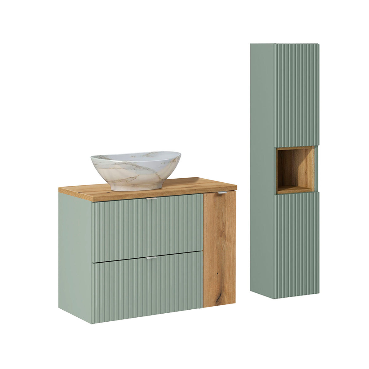 Ensemble meuble simple vasque 80cm et colonne Jade Vert et Bois - vue 2