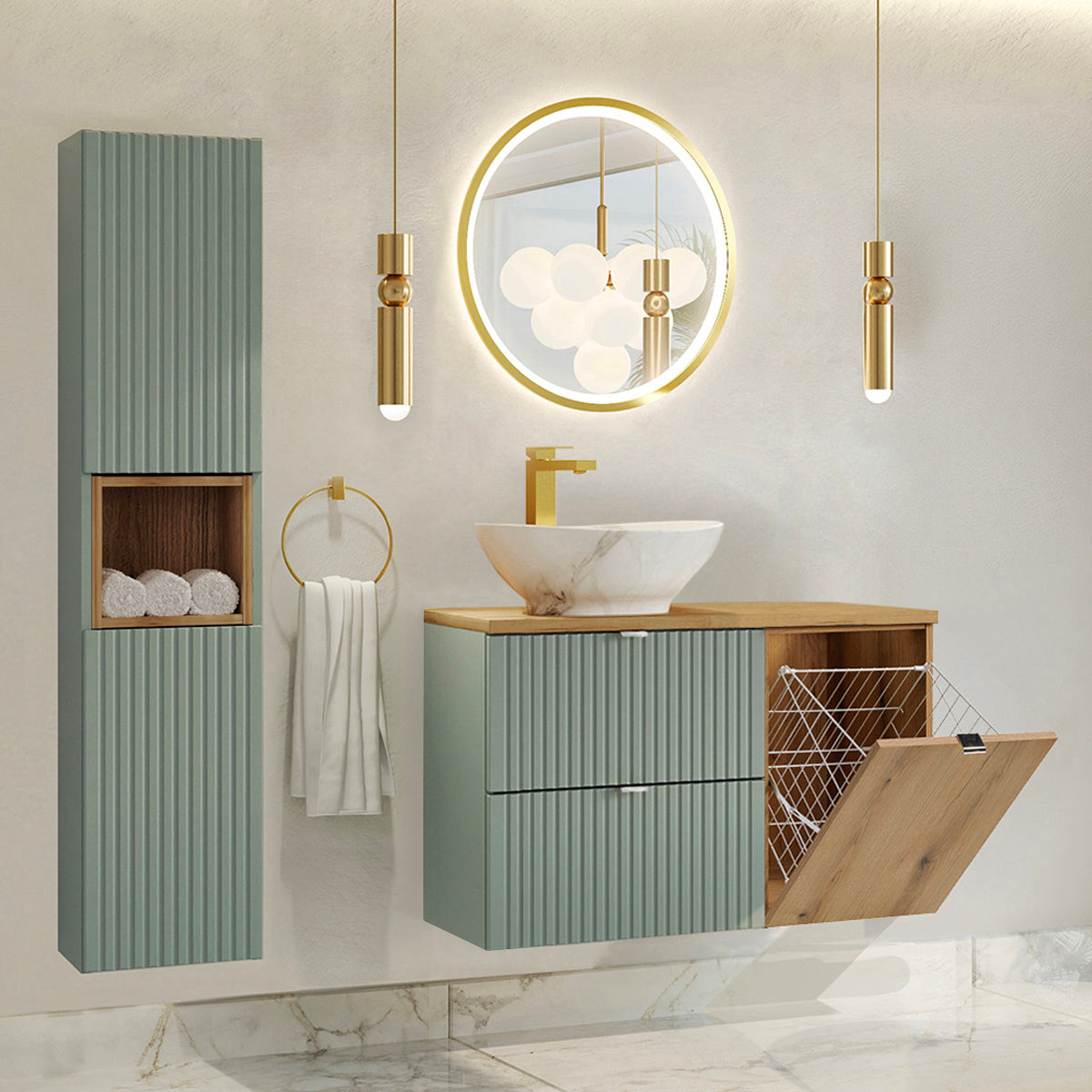 Ensemble meuble simple vasque 90cm panier à linge et colonne Jade Vert et Bois