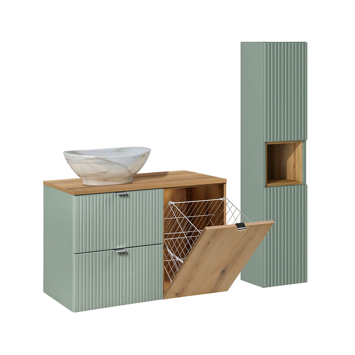 Ensemble meuble simple vasque 90cm panier à linge et colonne Jade Vert et Bois - vue 2