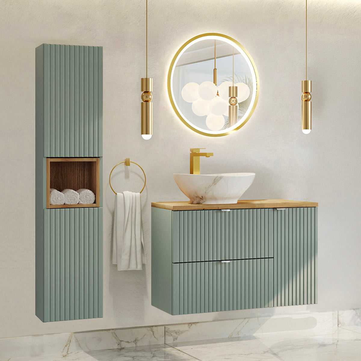 Ensemble meuble simple vasque 90cm et colonne Jade Vert