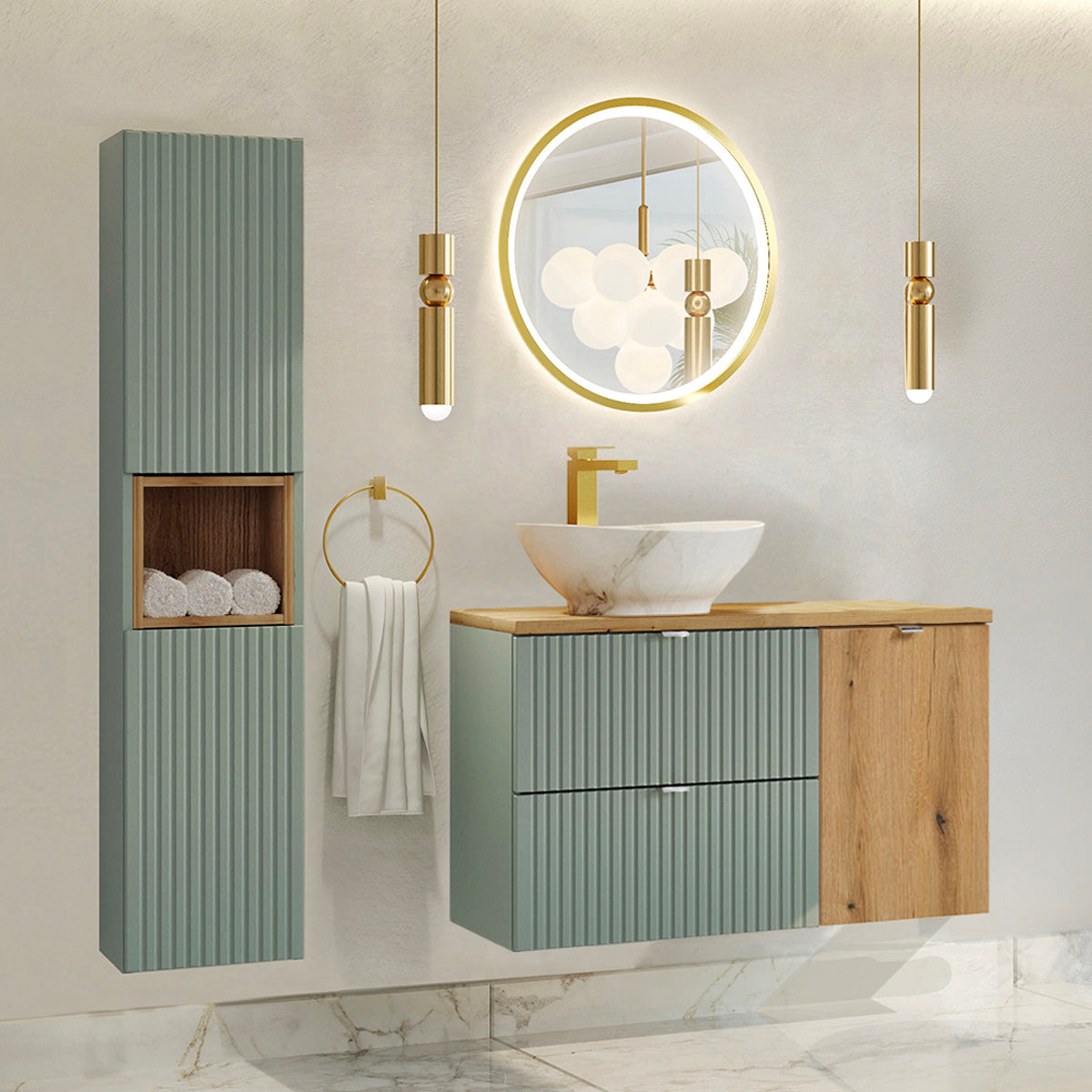 Meuble simple vasque 100cm panier à linge Jade Vert et Bois - vue 7