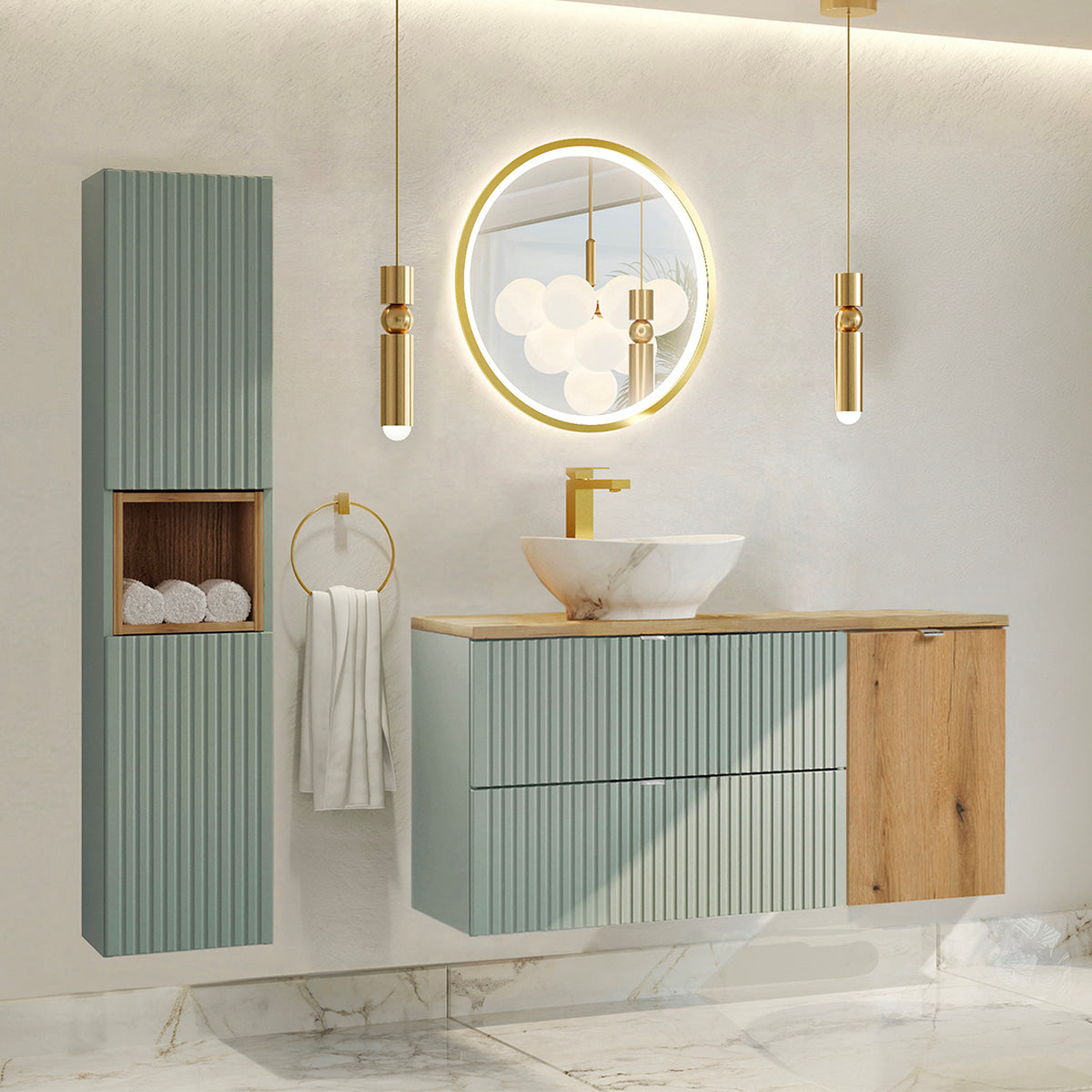 Meuble simple vasque 120cm panier à linge Jade Vert et Bois - vue 7
