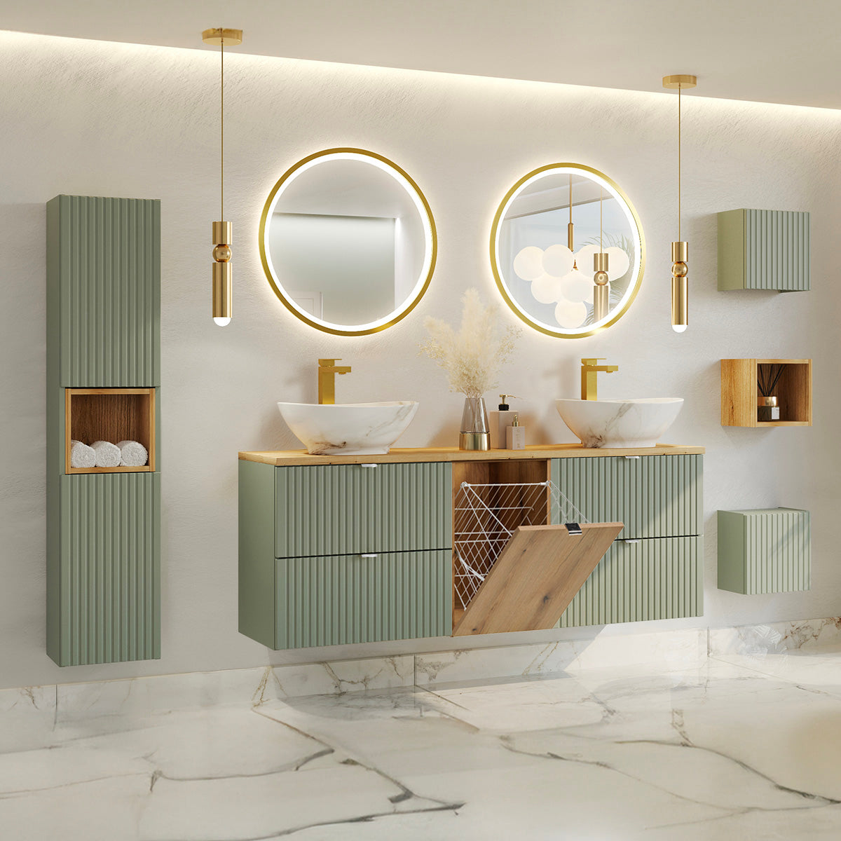 Meuble double vasque 160cm panier à linge Jade Vert et Bois - vue 3