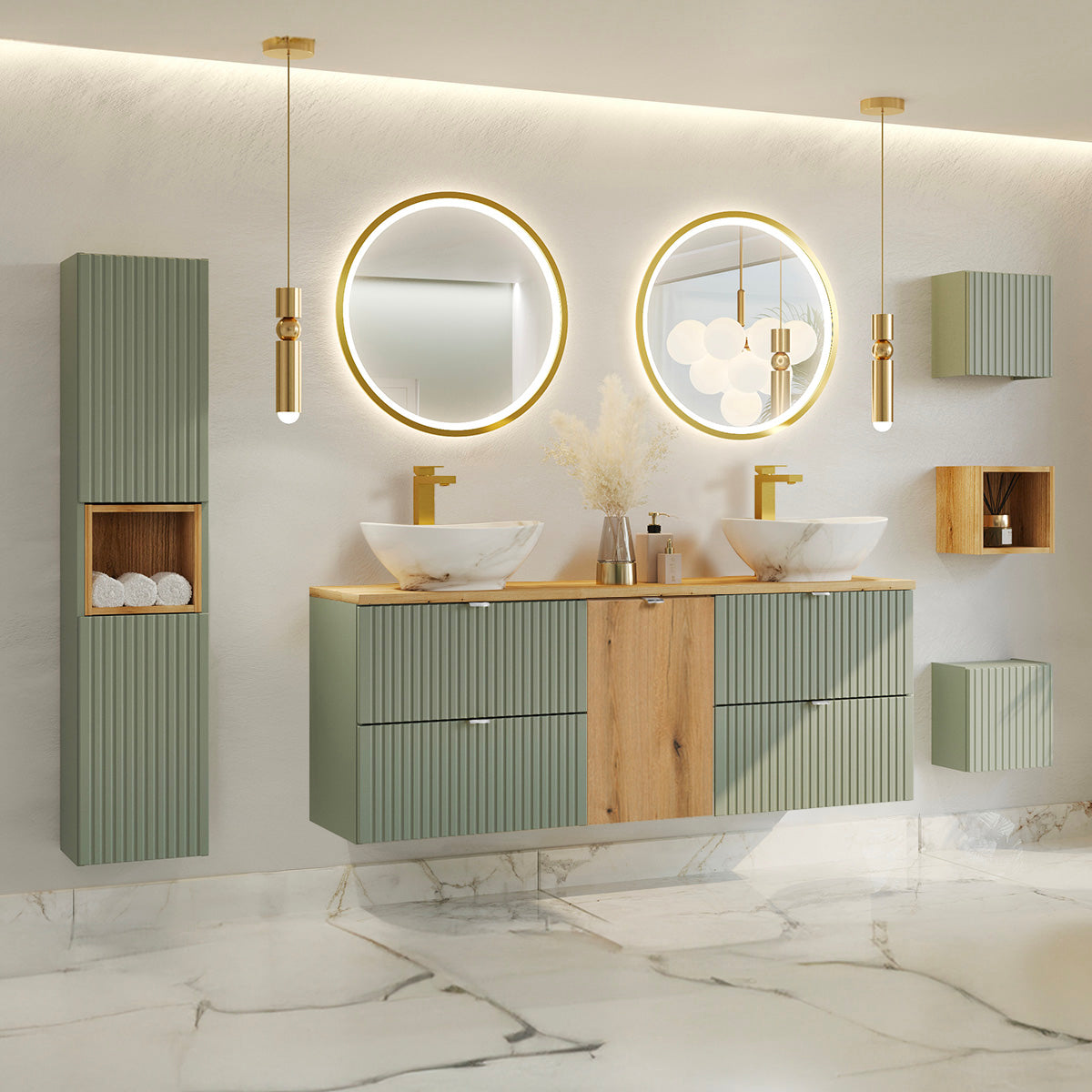 Meuble double vasque 160cm panier à linge Jade Vert et Bois - vue 4