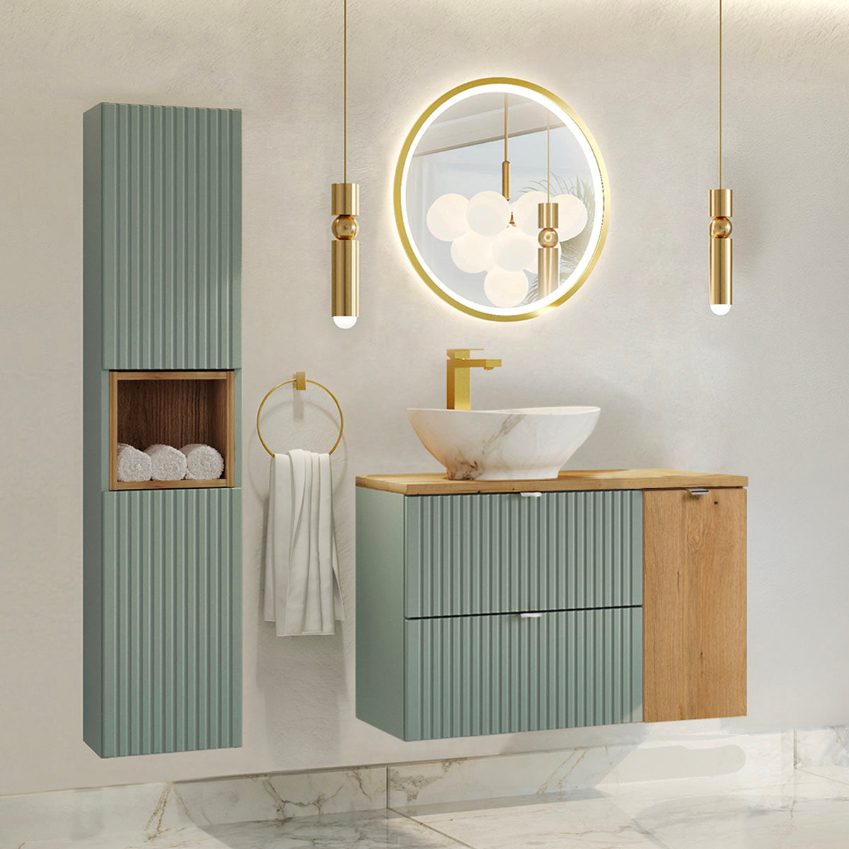 Meuble sous-vasque 90cm Jade Vert et Bois - vue 4