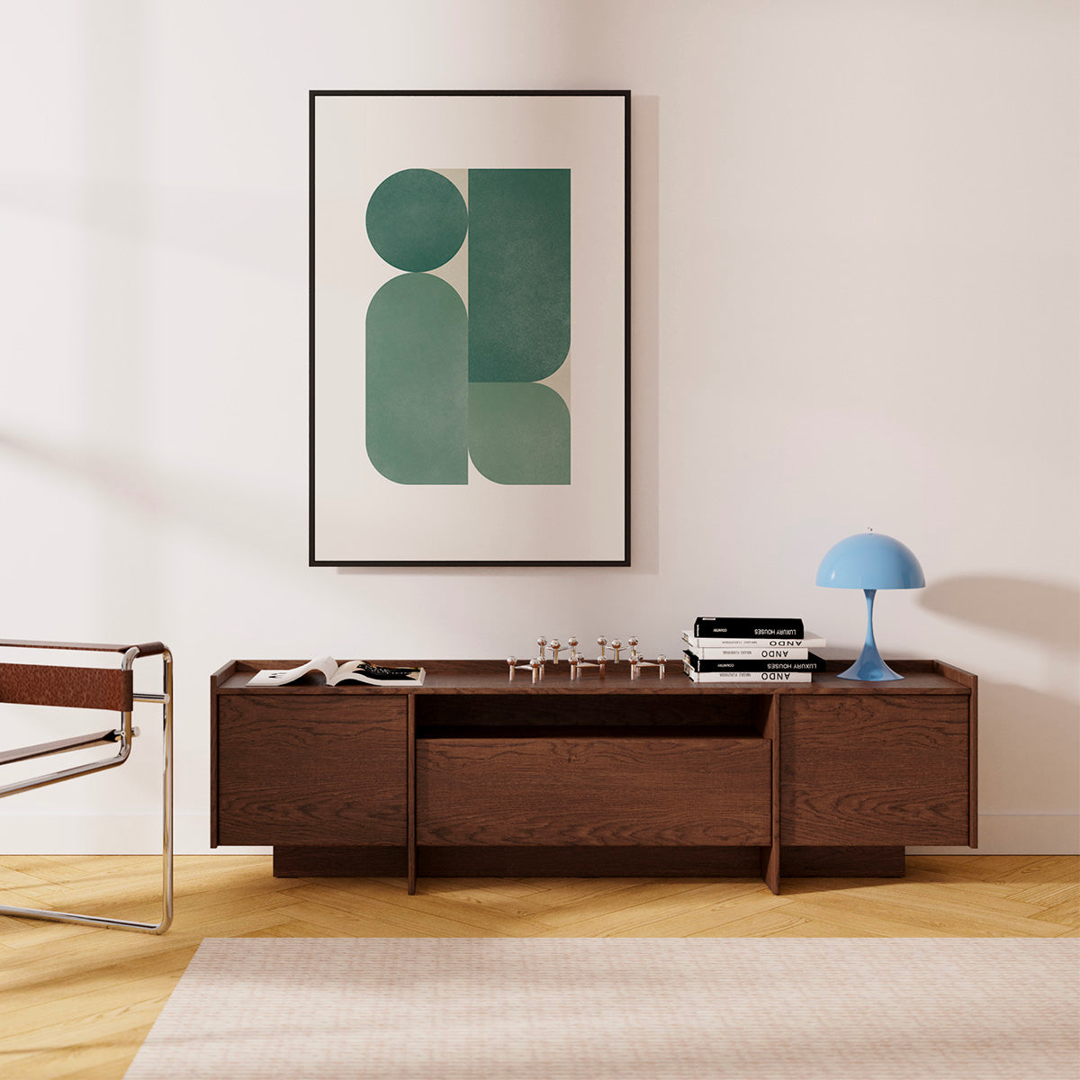 Meuble TV 2 portes 200 cm Japandi Bois foncé - vue 2