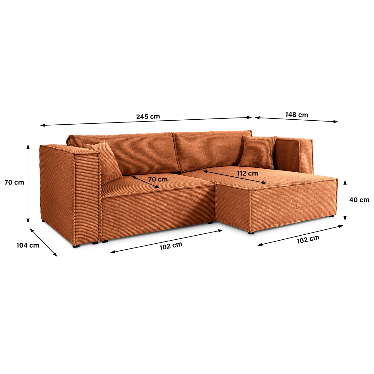 Canapé d'angle réversible convertible 3 places Jimmy velours côtelé Terracotta - vue 6