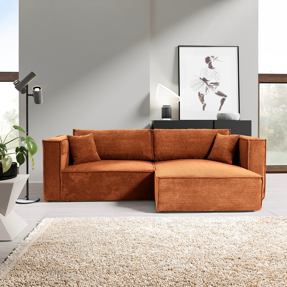 Canapé d'angle réversible convertible 3 places Jimmy velours côtelé Terracotta
