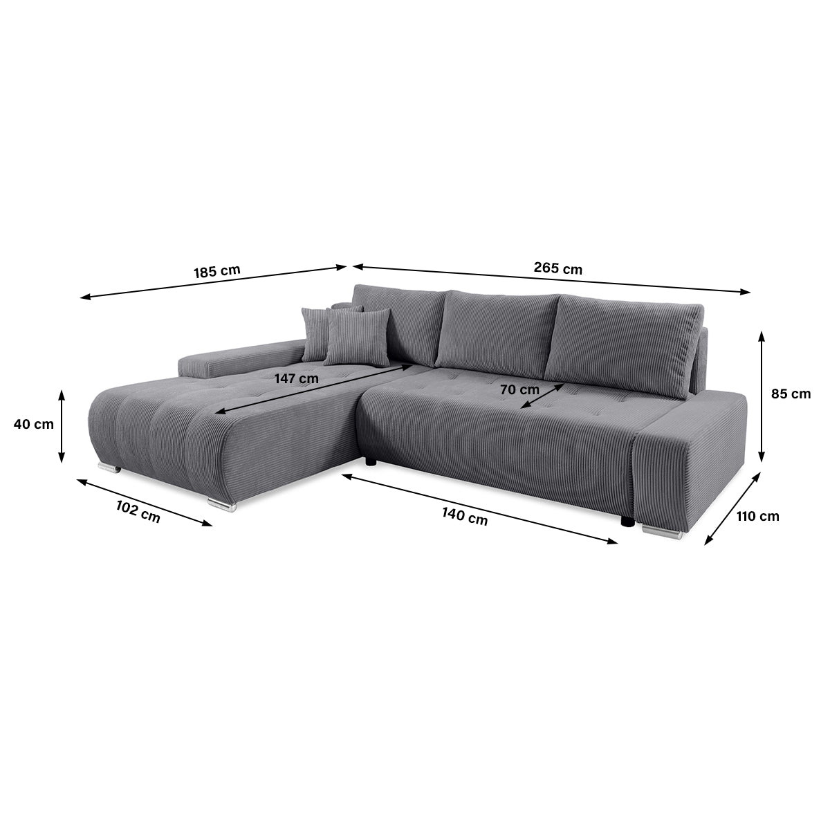 Canapé d'angle convertible gauche 4 places coffre Jonas velours côtelé Gris - vue 6