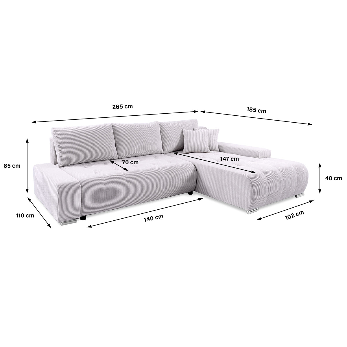 Canapé d'angle convertible droit 4 places coffre Jonas velours côtelé Blanc Cassé - vue 6