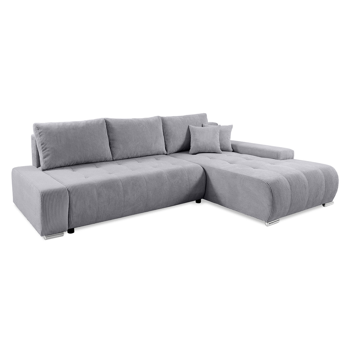 Canapé d'angle convertible droit 4 places coffre Jonas velours côtelé Gris Clair
