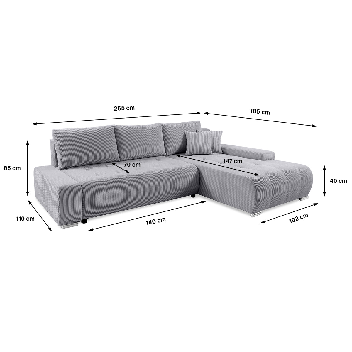 Canapé d'angle convertible droit 4 places coffre Jonas velours côtelé Gris Clair - vue 6