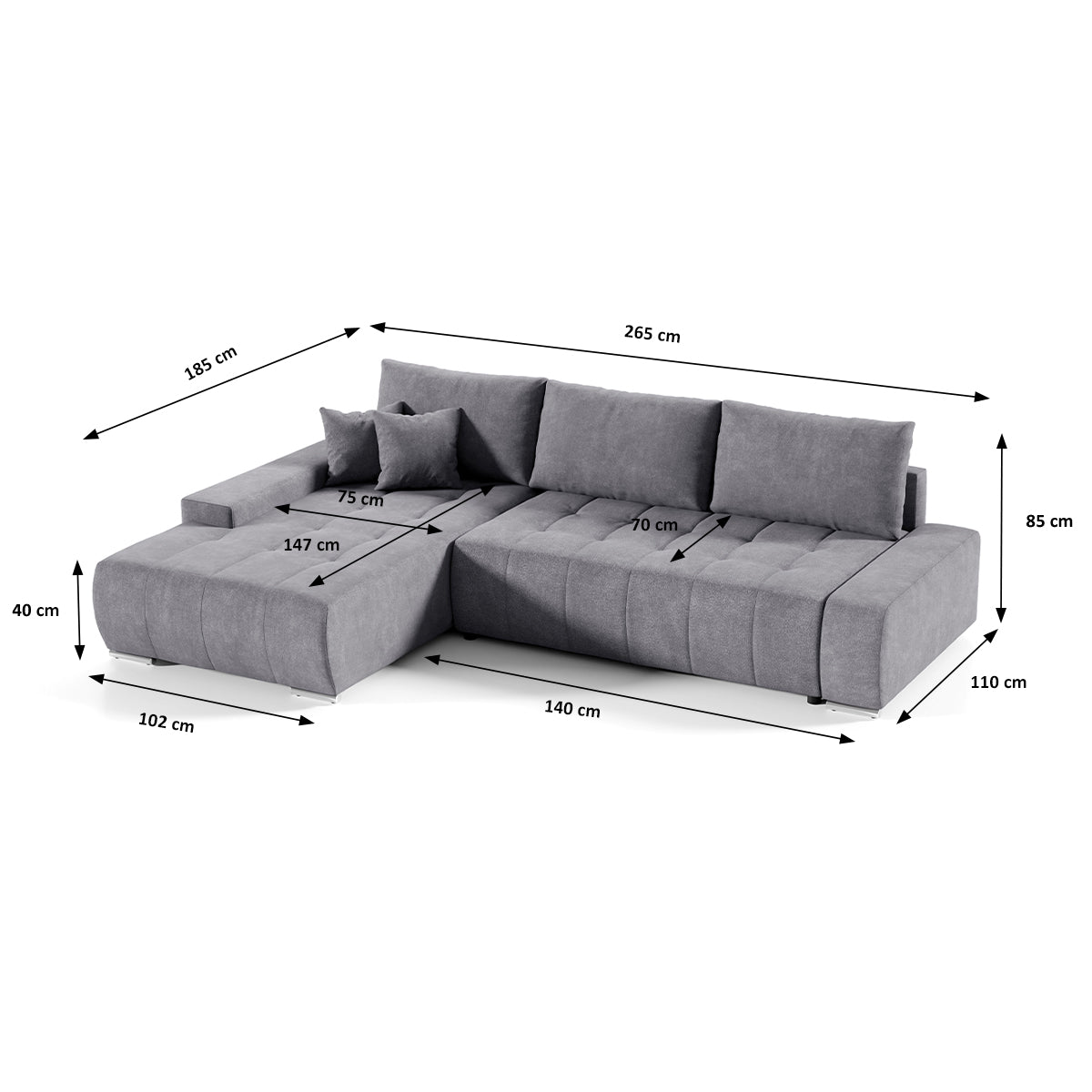 Canapé d'angle convertible gauche 4 places avec coffre Jonas Gris foncé - vue 5