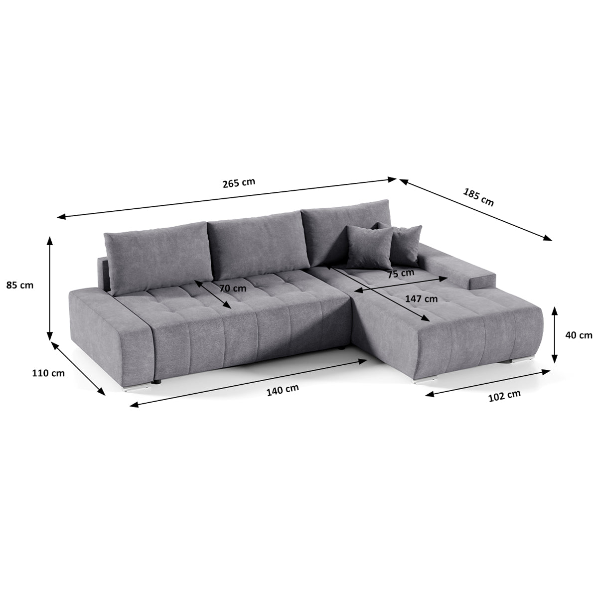 Canapé d'angle convertible droit 4 places avec coffre Jonas Gris foncé - vue 5