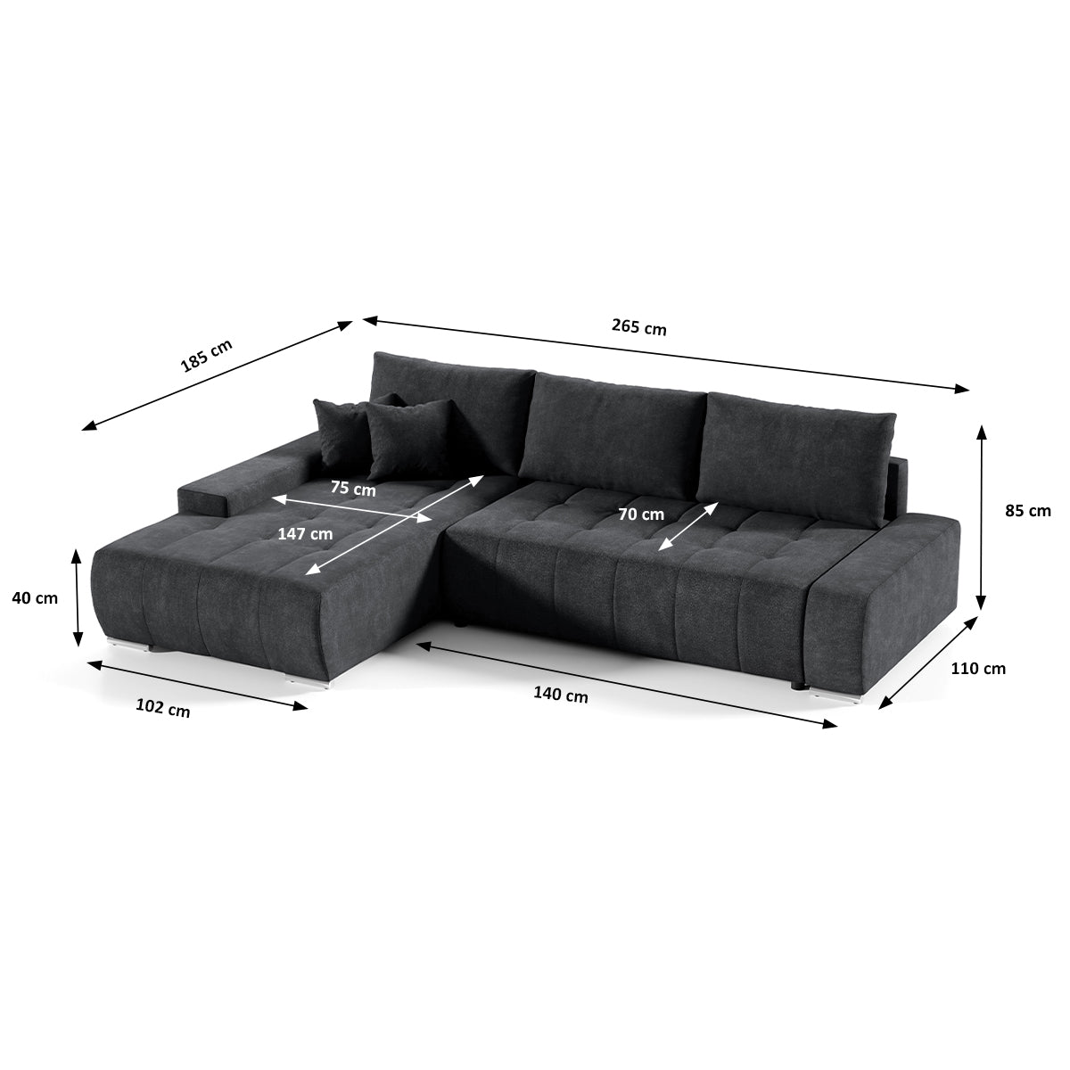 Canapé d'angle convertible gauche 4 places avec coffre Jonas Gris anthracite - vue 5