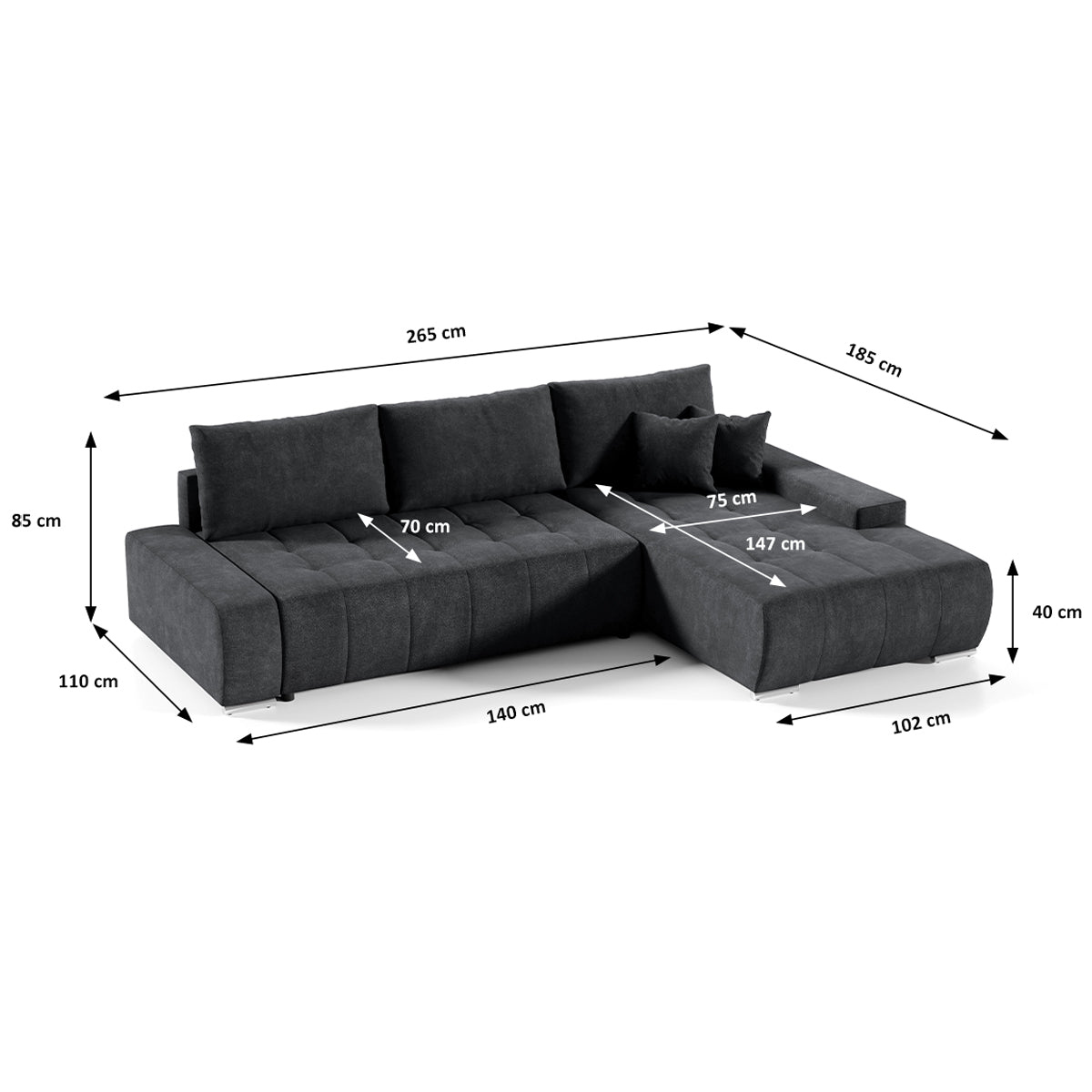 Canapé d'angle convertible droit 4 places avec coffre Jonas Gris anthracite - vue 5
