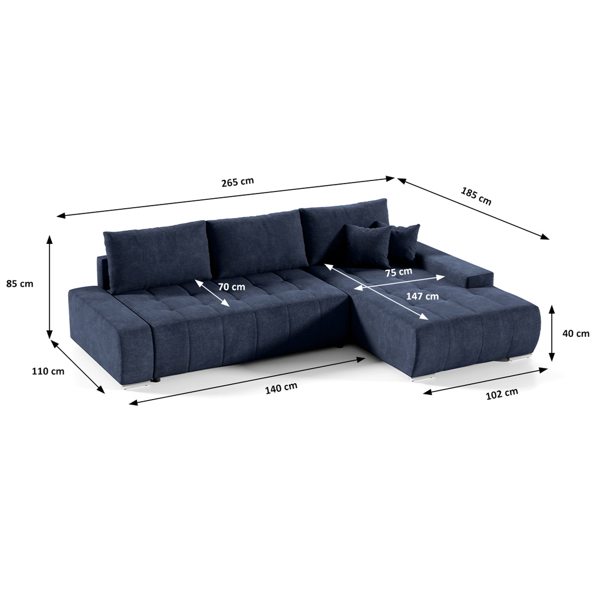 Canapé d'angle convertible droit 4 places avec coffre Jonas Bleu Marine - vue 5