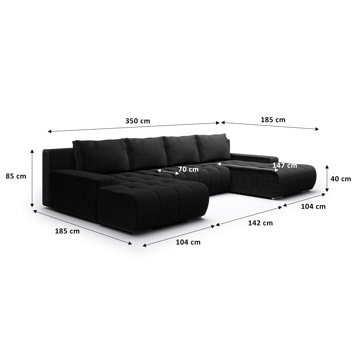 Canapé U 5 places convertible coffre Jonas velours côtelé Noir - vue 5