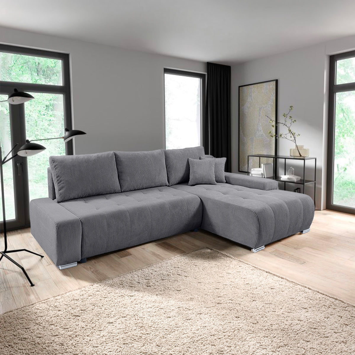 Canapé d'angle convertible droit 4 places coffre Jonas velours côtelé Gris