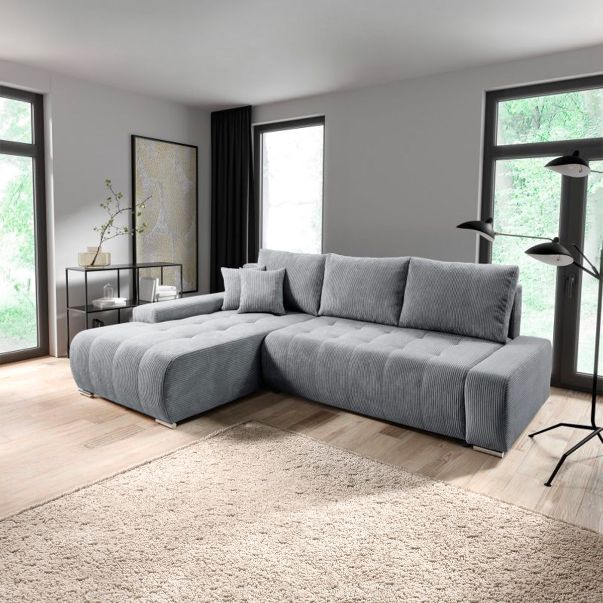 Canapé d'angle convertible gauche 4 places coffre Jonas velours côtelé Gris Clair