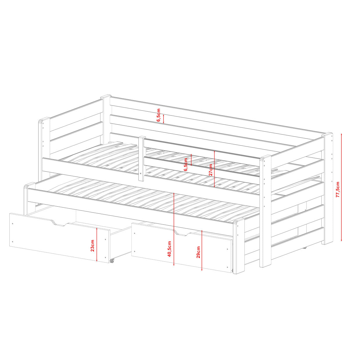 Lit 90x200 sommier lit gigogne et tiroirs inclus Jordan Blanc - vue 7