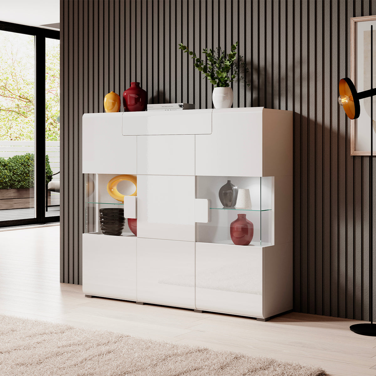 Buffet haut 3 portes 1 tiroir avec LED Jules Blanc - vue 3
