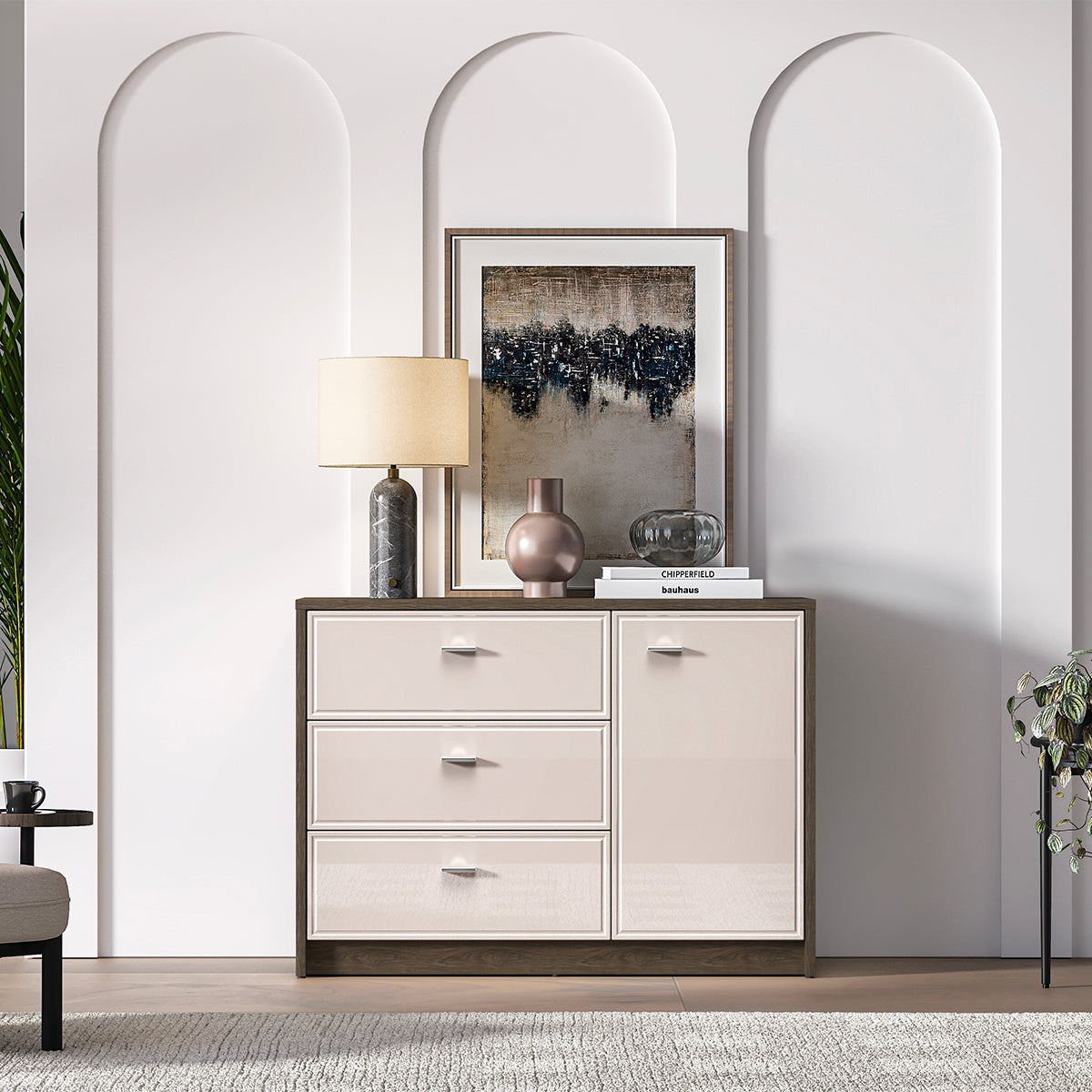 Buffet 1 porte 3 tiroirs Kaius Cachemire et Bois foncé - vue 4