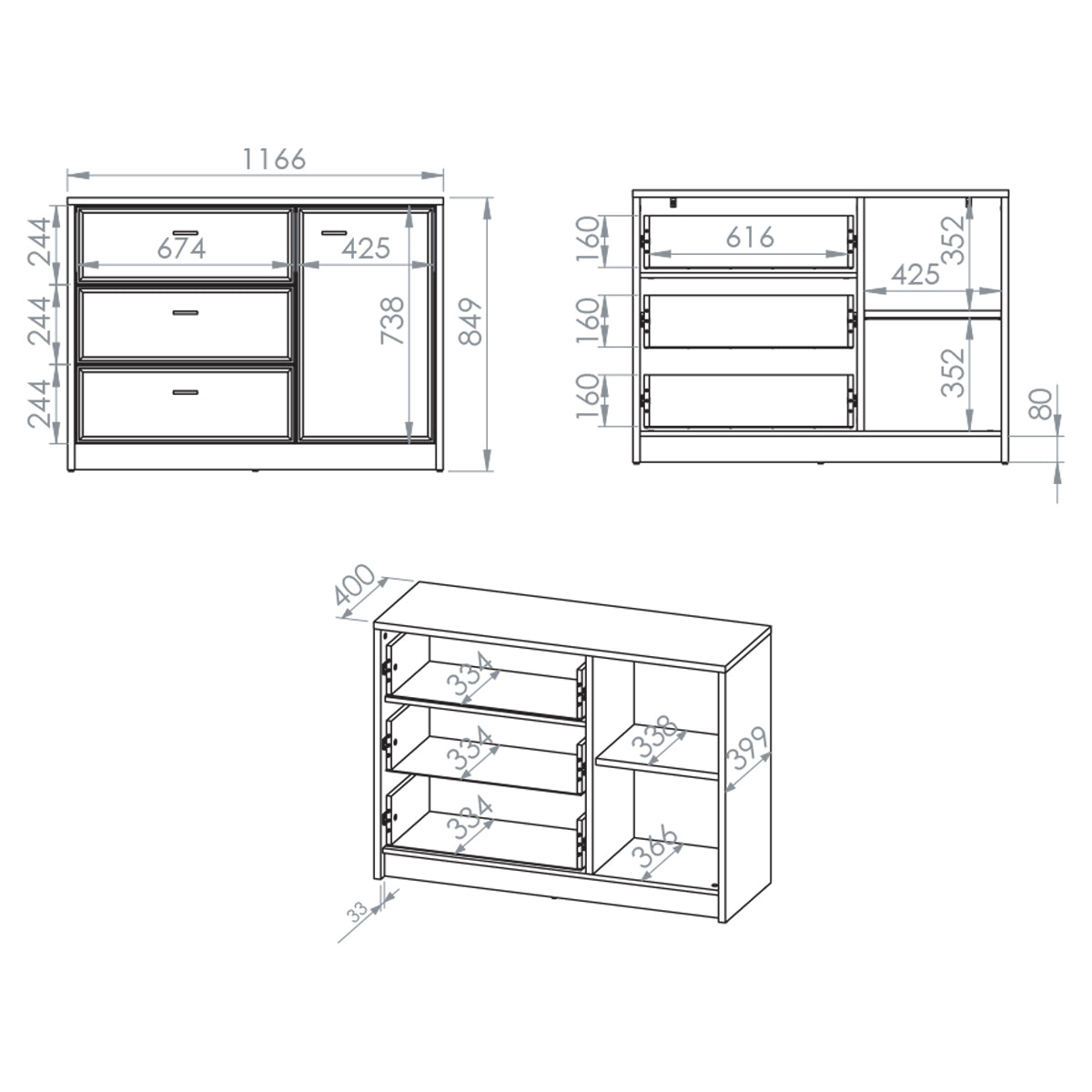 Buffet 1 porte 3 tiroirs Kaius Cachemire et Bois foncé - vue 5