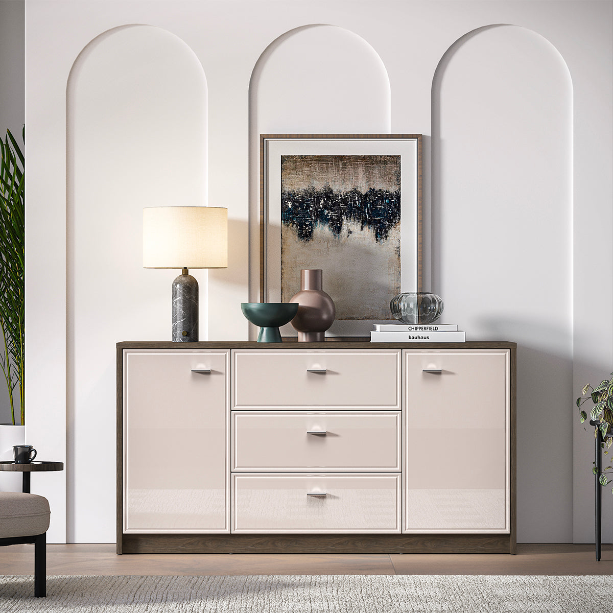 Buffet 2 portes 3 tiroirs Kaius Cachemire et Bois foncé - vue 4