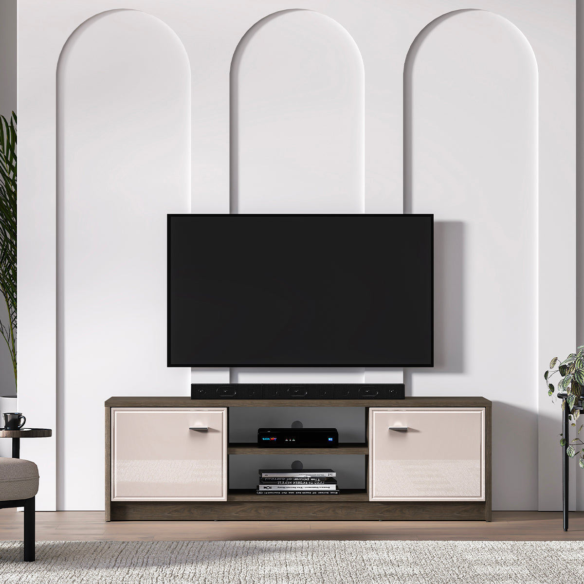 Meuble TV 2 portes 160 cm Kaius Cachemire et Bois foncé - vue 4