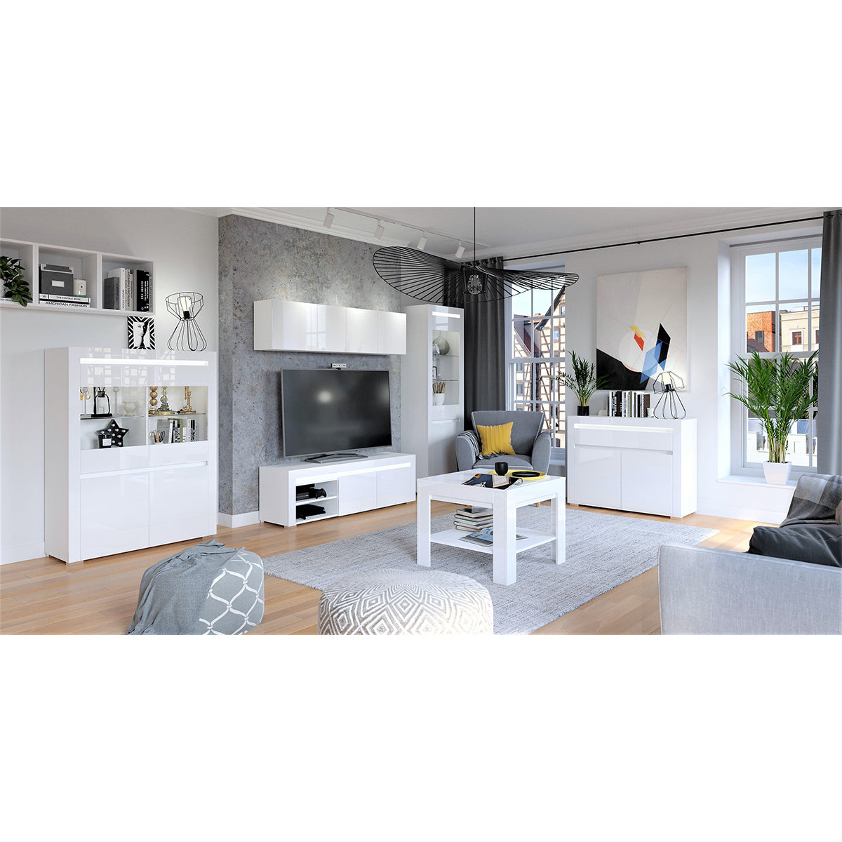 Meuble TV 2 portes 152 cm LED inclus Kasla Blanc - vue 3