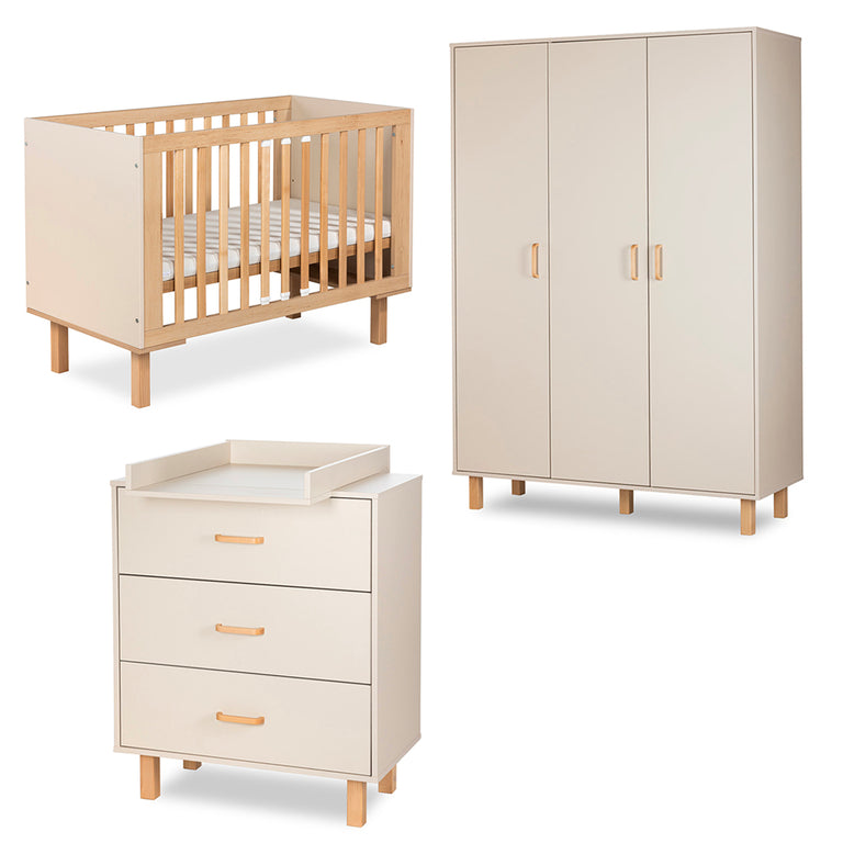Chambre complète lit évolutif 60x120 commode à langer et armoire 3 portes Littlesky by Klups Laura Champagne et Bois - vue 2