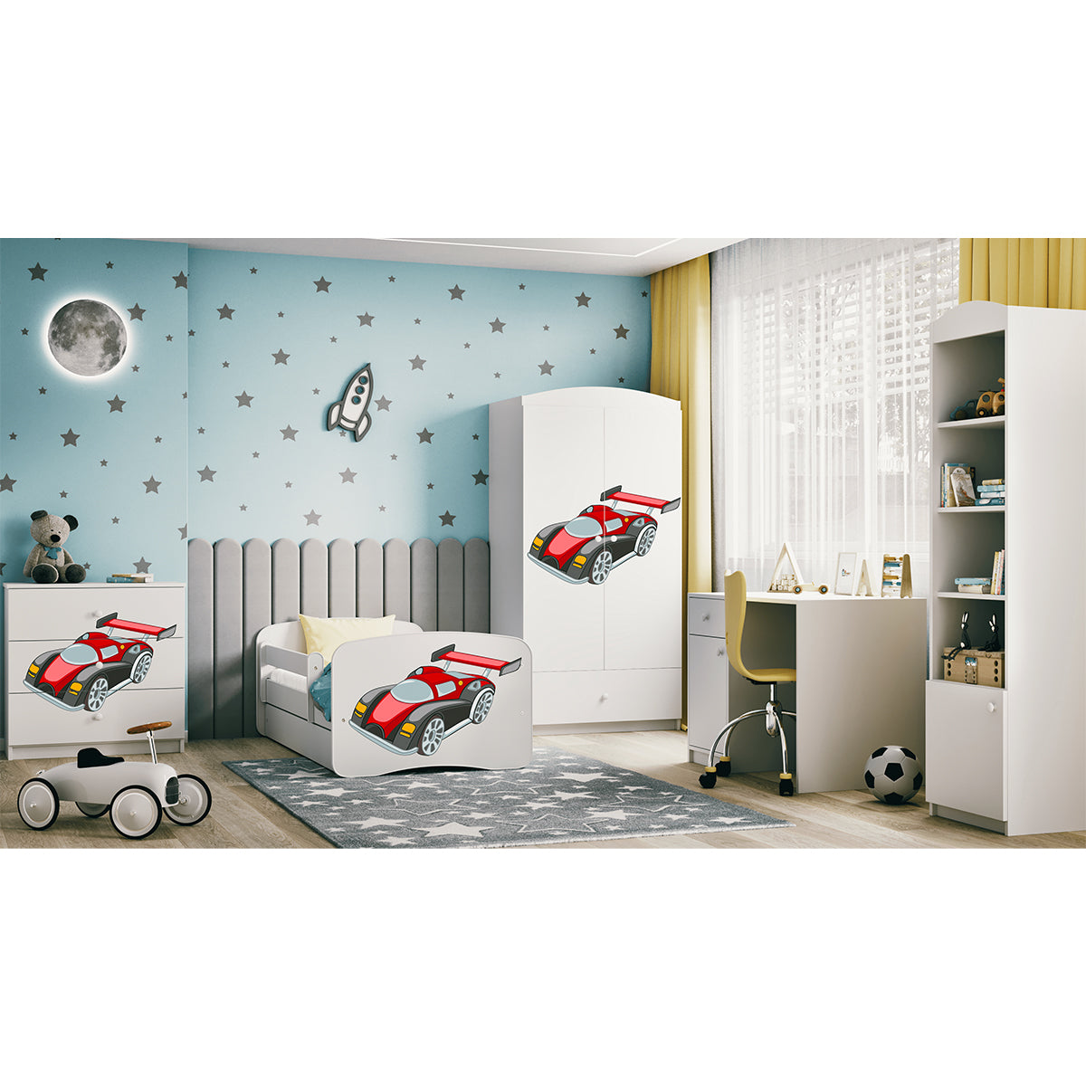 Lit 80x180 sommier et tiroir inclus Kocot Kids Babydream Voiture de course - Blanc - vue 6