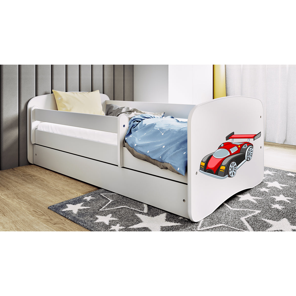 Lit 80x160 sommier et tiroir inclus Kocot Kids Babydream Voiture de course - Blanc