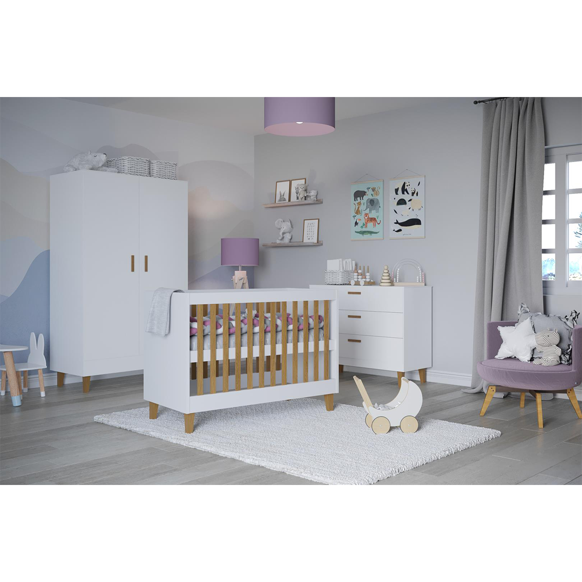 Chambre complète lit bébé 60x120, commode et armoire Kocot Kids Kubi - Blanc