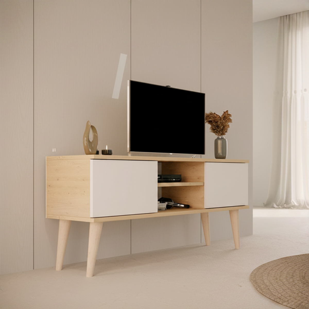Meuble TV 120 cm Toronto - Blanc et bois - vue 6