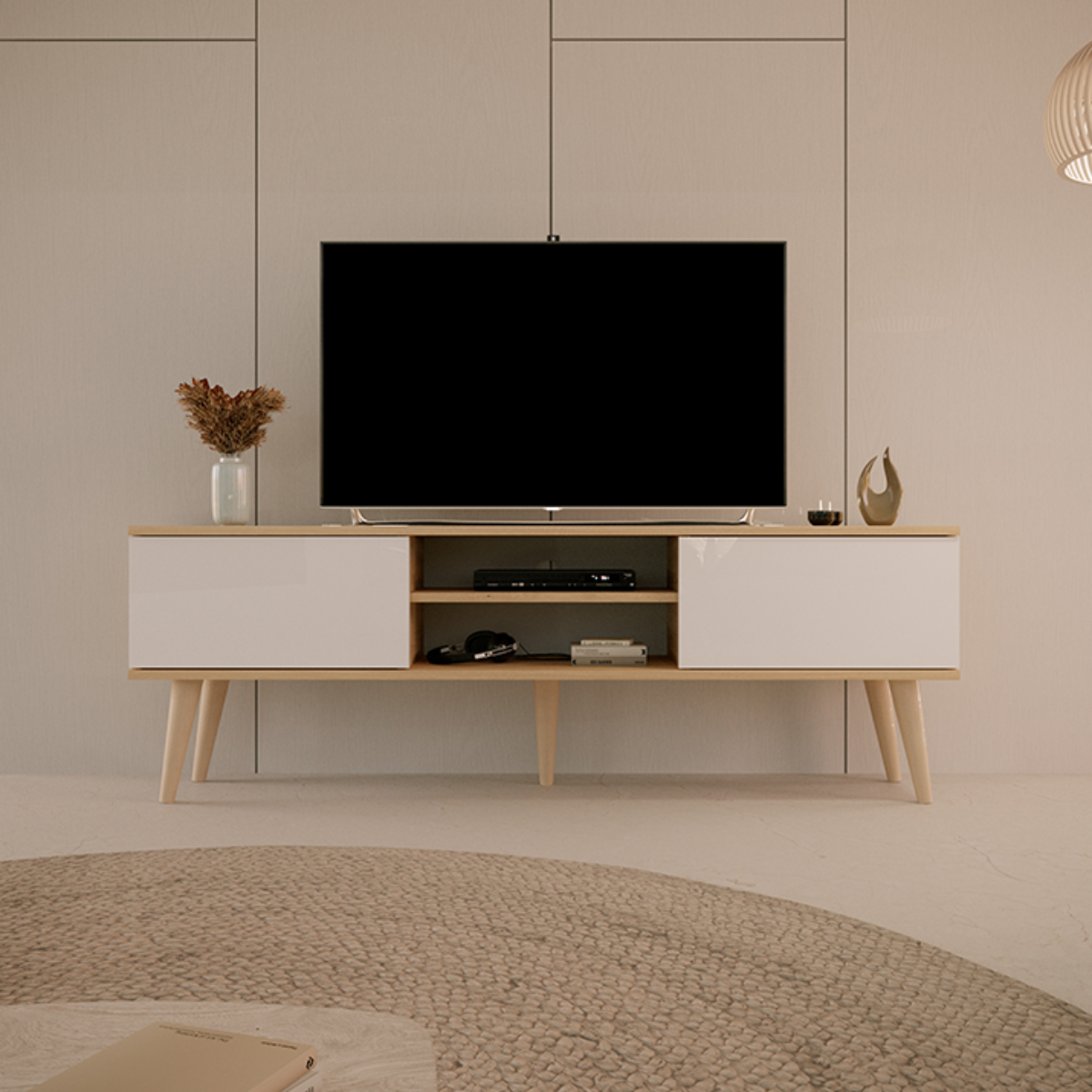 Meuble TV 160 cm Toronto - Blanc et bois - vue 5