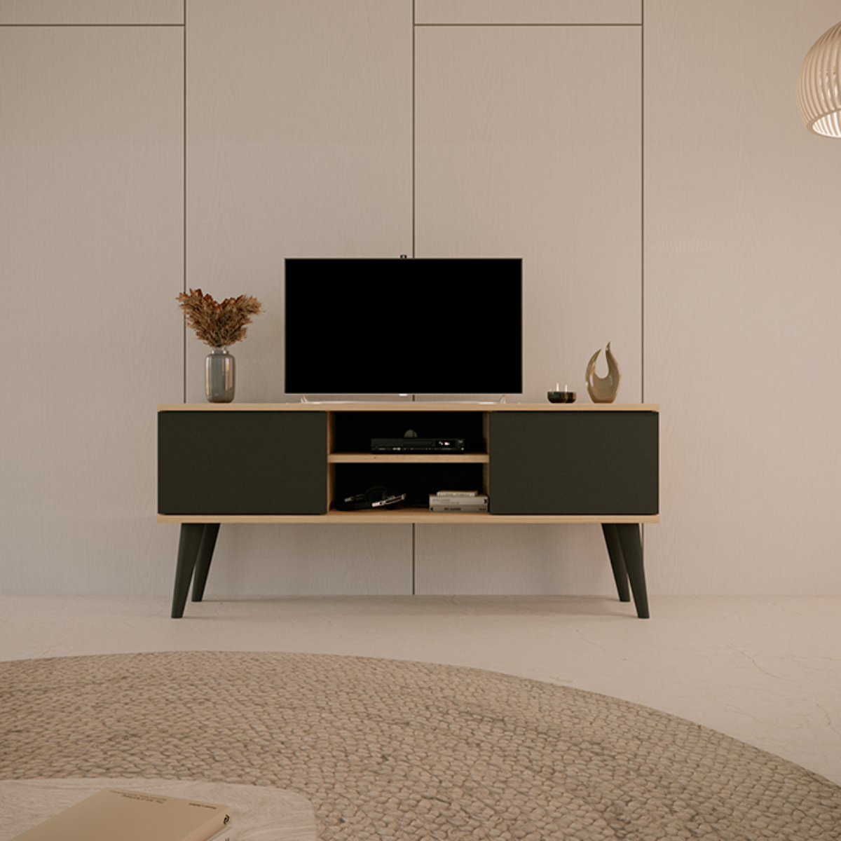 Meuble TV 120 cm Toronto - Noir et bois - vue 5